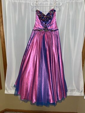 Studio 17 Pink and Blue Iridescent Bedazzled Stapless Prom Dress